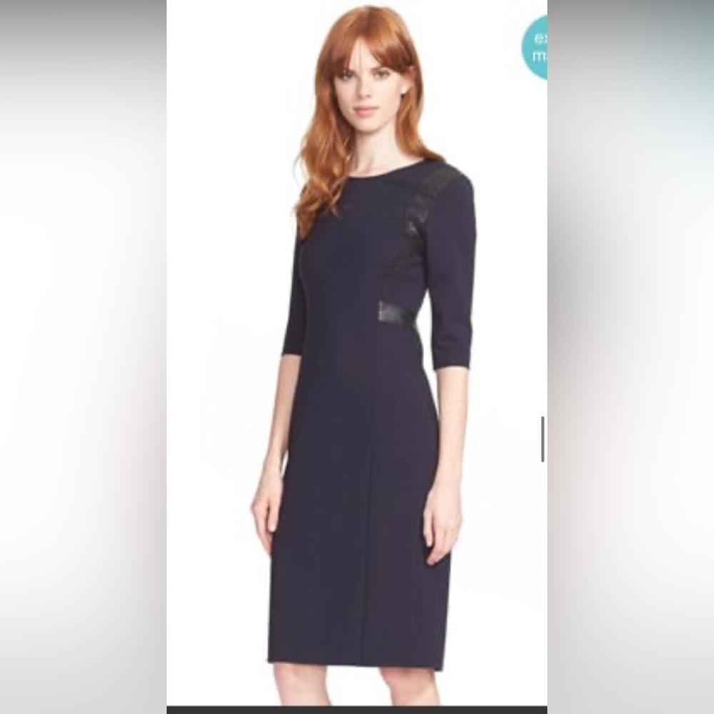 Rebecca Taylor Navy & Black Faux Leather & Lace Trim Midi Dress Size 10
